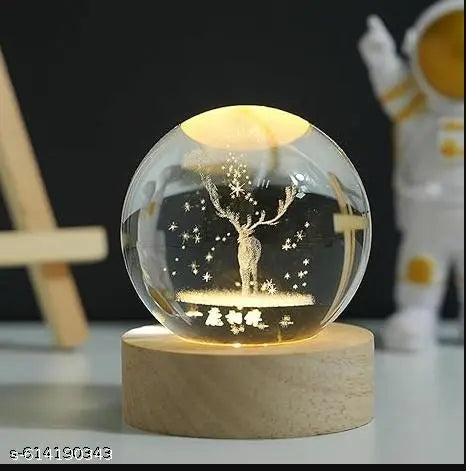 Crystal Ball Lamp with Wooden LED Base | Engraved 3D Moon & Stars Night Light | USB Rechargeable Home Décor