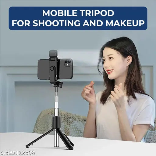 Bluetooth Foldable R1S WITH FILL LIGHT Extendable, Portable Bluetooth Selfie Tripod Stand and Detachable Wireless Remote, Ultra Compact Selfie Stick for Mobile and All Smart Phones Black Selfie Stick,Selfie Stick Tripod Stand and , Ultra Compact 3 in 1 Mo