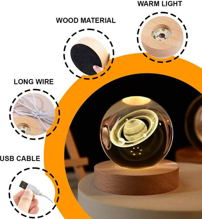 FIZZYTECH 3D Dolphin Crystal Ball Lamp, K9 Crystal Ball Light with 3.15 Inch Wooden Base Night Lamp  (6 cm, 3D Saturn Ball)