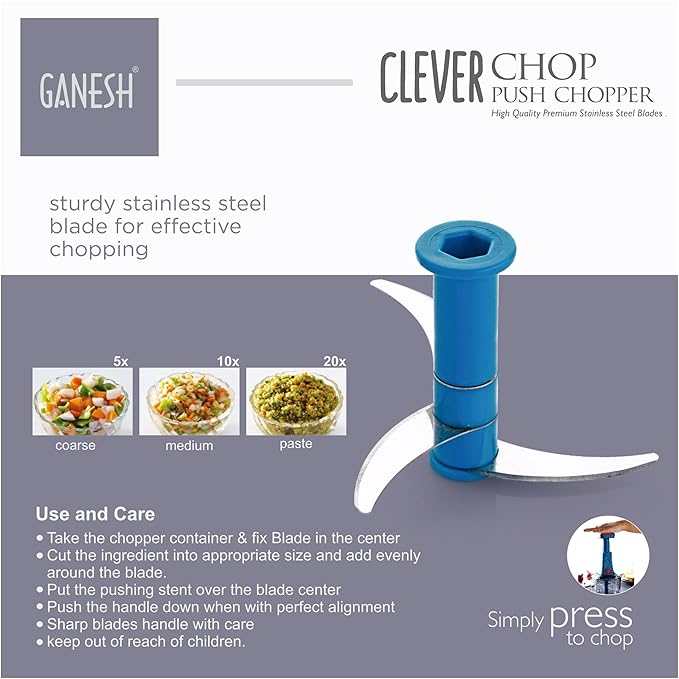Ganesh Clever Chop Push Chopper Manual Hand Press Push Chopper with 3 Blades for Effortless Chopping Vegetables & Fruits-600ML, Multicolor