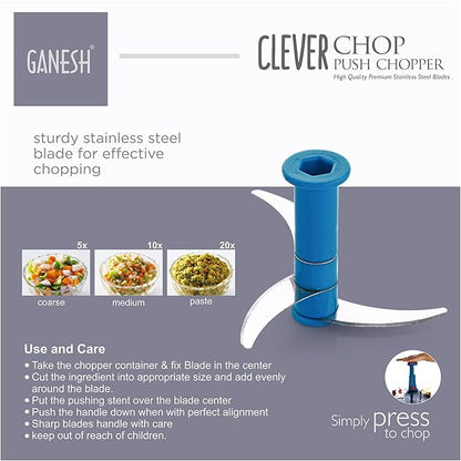 Ganesh Clever Chop Push Chopper Manual Hand Press Push Chopper with 3 Blades for Effortless Chopping Vegetables & Fruits-600ML, Multicolor