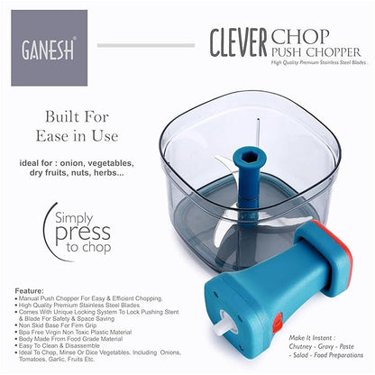 Ganesh Clever Chop Push Chopper Manual Hand Press Push Chopper with 3 Blades for Effortless Chopping Vegetables & Fruits-600ML, Multicolor