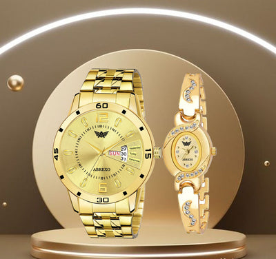 ABREXO Exclusive Gold Bracelet Quartz Unisex Wrist Combo for Couple Analog Watch  - For Men & Women