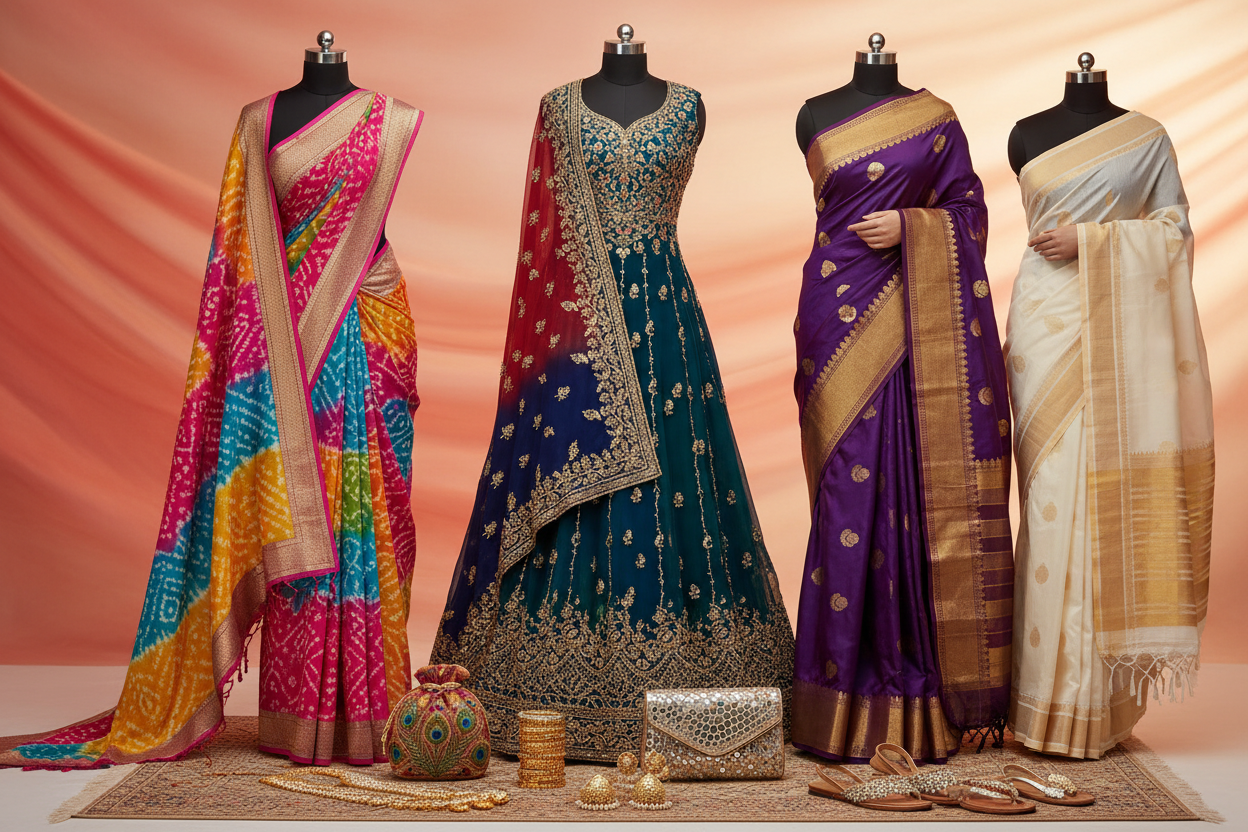 genrate an image of indian womens wear punjabi suit , gujrati saree and other 2 south indian traditional dress. make a baground more suitable for colors of womens clothes in it and add some other womens accessories like purse , jewlery on front on the floor.