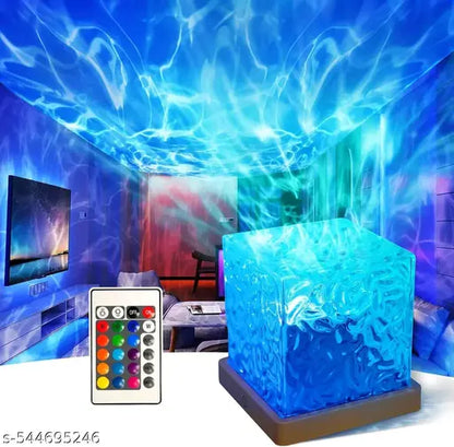 Acrylic Romantic Ocean Wave Night Light Projector Lamp, 3D Water Wave Effect Crystal Table Lamp with Remote Control (Battery Not Included), LED Projection for Bedroom Decor, Cube