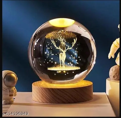 Crystal Ball Lamp with Wooden LED Base | Engraved 3D Moon & Stars Night Light | USB Rechargeable Home Décor