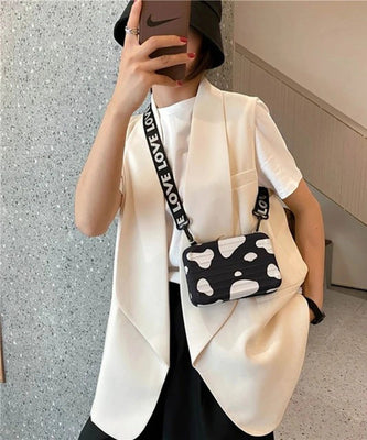 AMAGING Black Sling Bag New Fashion White Cow Pattern Small Sling Box Bag