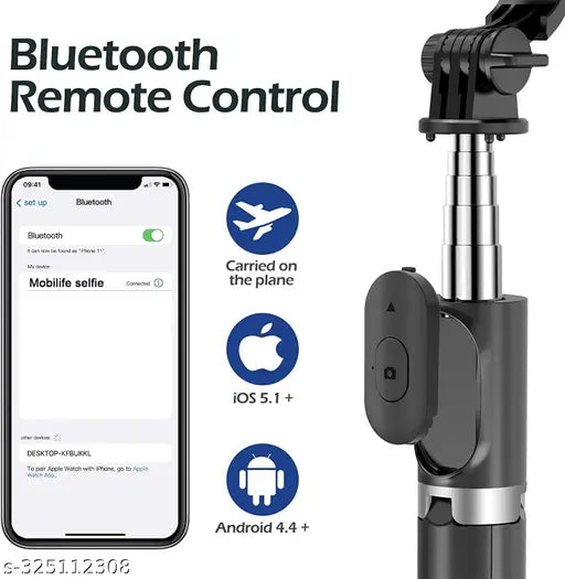 Bluetooth Foldable R1S WITH FILL LIGHT Extendable, Portable Bluetooth Selfie Tripod Stand and Detachable Wireless Remote, Ultra Compact Selfie Stick for Mobile and All Smart Phones Black Selfie Stick,Selfie Stick Tripod Stand and , Ultra Compact 3 in 1 Mo