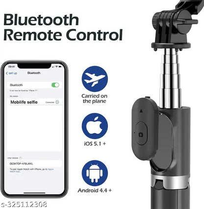 Bluetooth Foldable R1S WITH FILL LIGHT Extendable, Portable Bluetooth Selfie Tripod Stand and Detachable Wireless Remote, Ultra Compact Selfie Stick for Mobile and All Smart Phones Black Selfie Stick,Selfie Stick Tripod Stand and , Ultra Compact 3 in 1 Mo