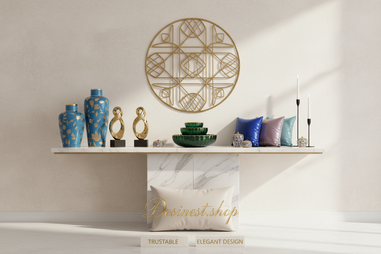 Please make a image shows accessories and decorative items selling store and and mark of Desinest.shop also add some words like trustable and elegant design 