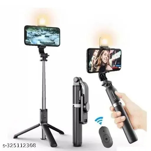Bluetooth Foldable R1S WITH FILL LIGHT Extendable, Portable Bluetooth Selfie Tripod Stand and Detachable Wireless Remote, Ultra Compact Selfie Stick for Mobile and All Smart Phones Black Selfie Stick,Selfie Stick Tripod Stand and , Ultra Compact 3 in 1 Mo