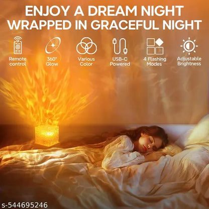 Acrylic Romantic Ocean Wave Night Light Projector Lamp, 3D Water Wave Effect Crystal Table Lamp with Remote Control (Battery Not Included), LED Projection for Bedroom Decor, Cube