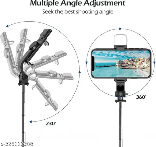 Bluetooth Foldable R1S WITH FILL LIGHT Extendable, Portable Bluetooth Selfie Tripod Stand and Detachable Wireless Remote, Ultra Compact Selfie Stick for Mobile and All Smart Phones Black Selfie Stick,Selfie Stick Tripod Stand and , Ultra Compact 3 in 1 Mo